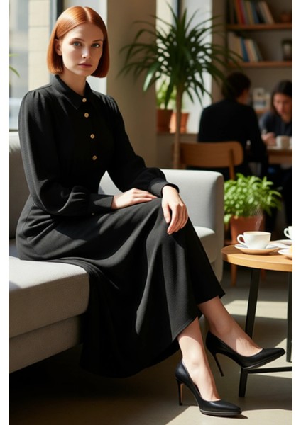 Kadın Casual Gömlek Yaka Uzun Kollu Aerobin Dokuma Skater Kalıp Maxi Boy Elbise Kaliteli Şık fırsatları