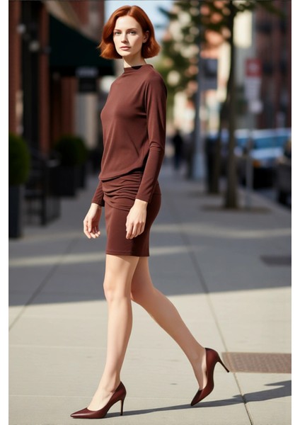 Kadın Fashion Forward Bodycon Düz Mini Uzun Kollu Kayık Yaka Örme Elbise Kış Sezonu Kaliteli fırsatları