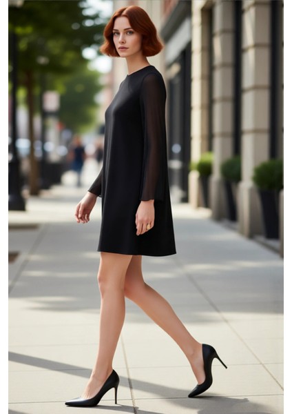 Kadın Bisiklet Yaka Siyah Shift Elbise Standart Kollu Dokuma Detaylı Rahat Mini Kesim Kışlık fırsatları