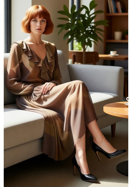 Rahat Günlük Kadın Köpük Örme Uzun Balon Kol V Yaka Fırfırlı Maxi Elbise Şıklığı. Kaliteli