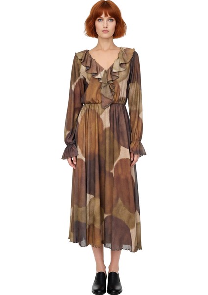 Rahat Günlük Kadın Köpük Örme Uzun Balon Kol V Yaka Fırfırlı Maxi Elbise Şıklığı. Kaliteli fiyatları