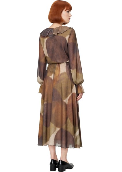 Rahat Günlük Kadın Köpük Örme Uzun Balon Kol V Yaka Fırfırlı Maxi Elbise Şıklığı. Kaliteli modelleri