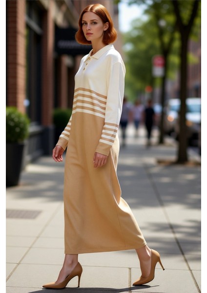 Kadın A Line Kesim Polo Yaka Çizgili Düğmeli Triko Maxi Elbise Uzun Kol Rahat Şık Tasarım Kaliteli