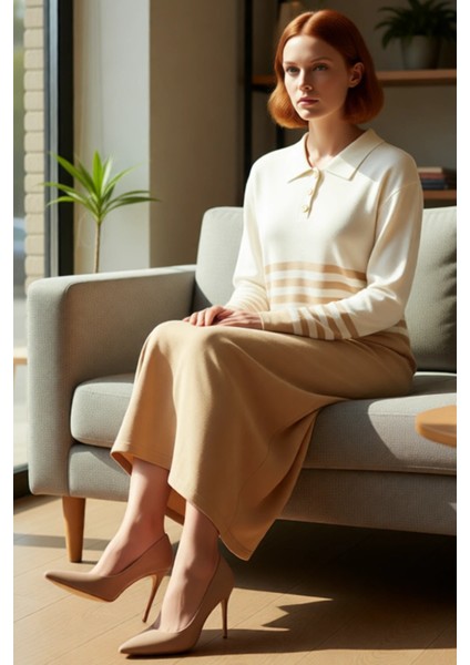 Kadın A Line Kesim Polo Yaka Çizgili Düğmeli Triko Maxi Elbise Uzun Kol Rahat Şık Tasarım Kaliteli fiyatları