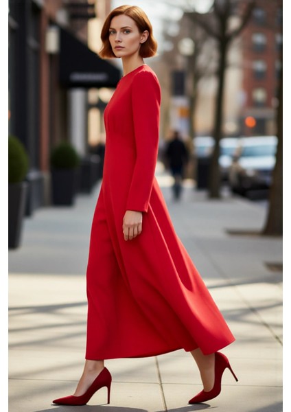 Kadın Kırmızı Dokuma Skater Elbise Uzun Kollu Bisiklet Yaka Maxi Boy Günlük Şık Giyim Için Ideal