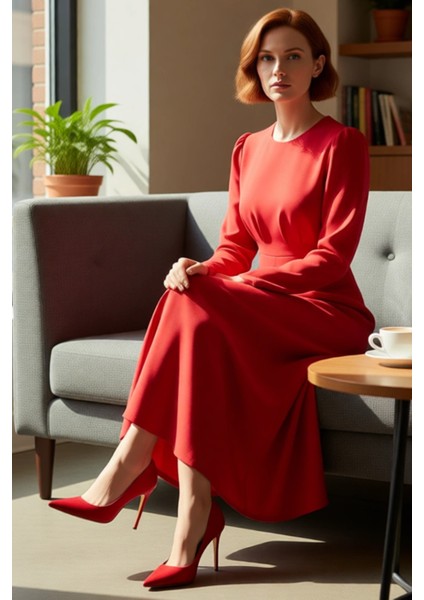 Kadın Kırmızı Dokuma Skater Elbise Uzun Kollu Bisiklet Yaka Maxi Boy Günlük Şık Giyim Için Ideal fiyatları