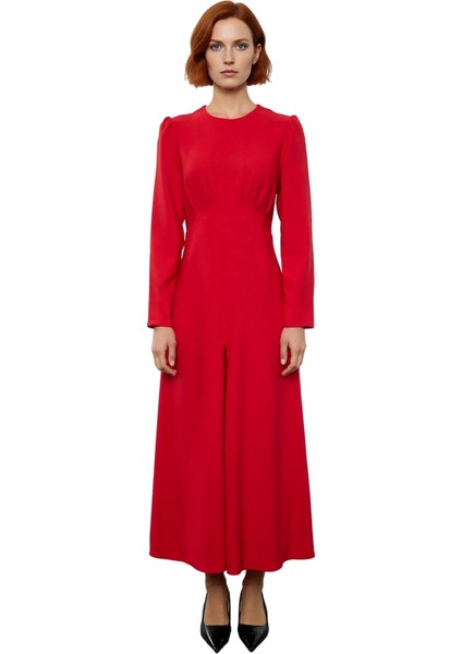 Kadın Kırmızı Dokuma Skater Elbise Uzun Kollu Bisiklet Yaka Maxi Boy Günlük Şık Giyim Için Ideal modelleri