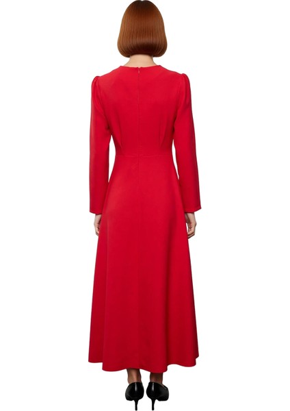 Kadın Kırmızı Dokuma Skater Elbise Uzun Kollu Bisiklet Yaka Maxi Boy Günlük Şık Giyim Için Ideal fırsatları