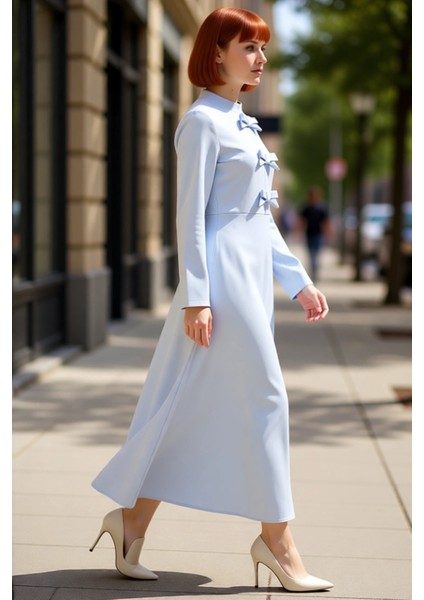 Kadın Maxi Boy Dokuma Düz Desen Kurdele Detaylı Skater Siluet Standart Kol Şık Elbise Kaliteli