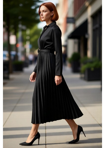 Kadın Skater Kalıp Uzun Kollu Kuşaklı Piliseli Etek Ceket Yaka Crinkle Dokuma Midi Elbise Kaliteli