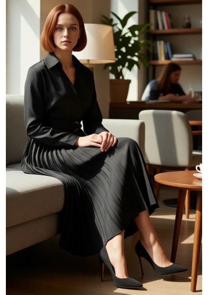 Kadın Skater Kalıp Uzun Kollu Kuşaklı Piliseli Etek Ceket Yaka Crinkle Dokuma Midi Elbise Kaliteli fiyatları