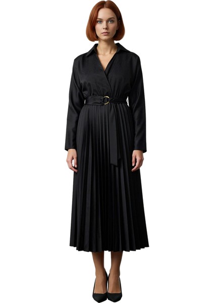 Kadın Skater Kalıp Uzun Kollu Kuşaklı Piliseli Etek Ceket Yaka Crinkle Dokuma Midi Elbise Kaliteli modelleri