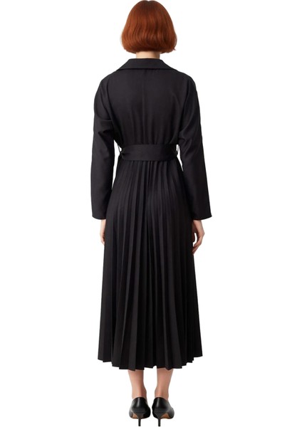 Kadın Skater Kalıp Uzun Kollu Kuşaklı Piliseli Etek Ceket Yaka Crinkle Dokuma Midi Elbise Kaliteli fırsatları