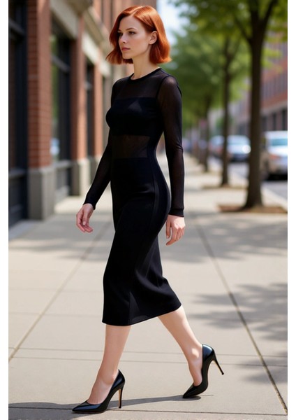 Kadın Siyah Bodycon Midi Triko Elbise Uzun Kollu Bisiklet Yaka Şık Transparan Detaylı Modern Kışlık