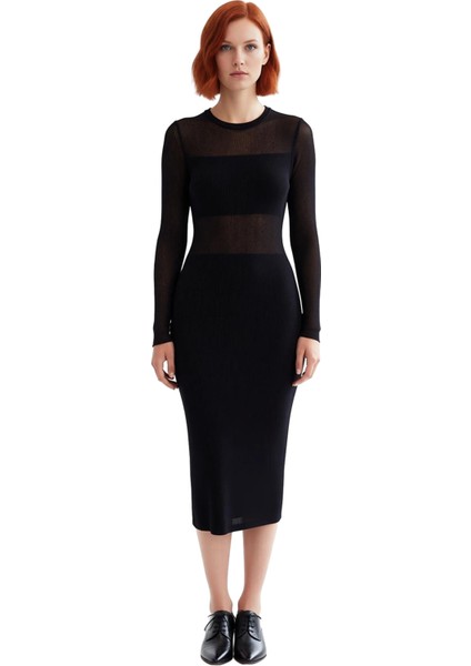 Kadın Siyah Bodycon Midi Triko Elbise Uzun Kollu Bisiklet Yaka Şık Transparan Detaylı Modern Kışlık modelleri