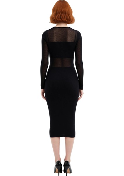 Kadın Siyah Bodycon Midi Triko Elbise Uzun Kollu Bisiklet Yaka Şık Transparan Detaylı Modern Kışlık fırsatları