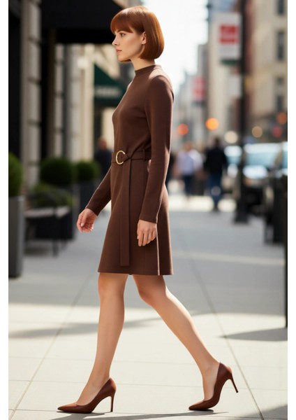 Kadın A Line Kesim Dik Yaka Kemer Detaylı Mini Örme Elbise Uzun Kol Selanik Dokuma Kışlık Şıklık