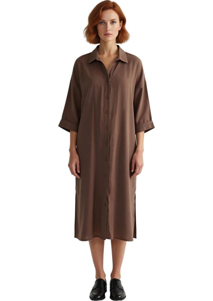 Kadın Modal Gömlek Yaka Düz Desen Truvakar Kol Düğmeli Astarsız Midi Boy Elbise Ilkbahar modelleri