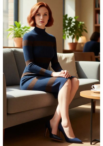 Kadın Çizgili Triko Midi Elbise Dik Yaka Uzun Kollu Bodycon Akrilik Ince Kumaş Ilkbahar Sonbahar fırsatları