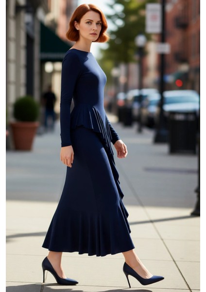 Kadınlar Için Bodycon Kesim Kayık Yaka Uzun Kollu Volanlı Maxi Şık Gece Elbisesi Özel Davetlere