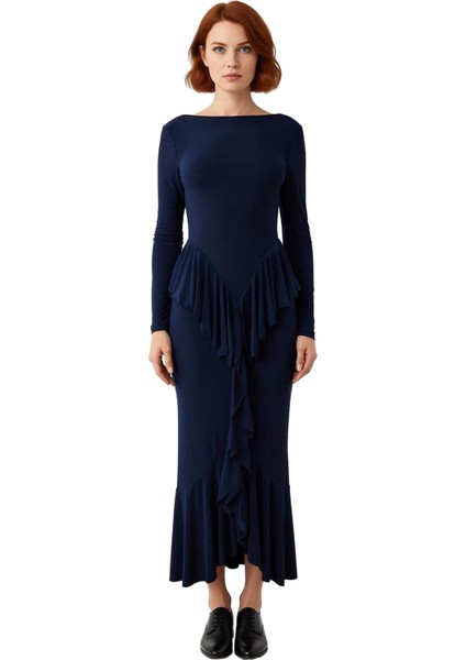 Kadınlar Için Bodycon Kesim Kayık Yaka Uzun Kollu Volanlı Maxi Şık Gece Elbisesi Özel Davetlere modelleri