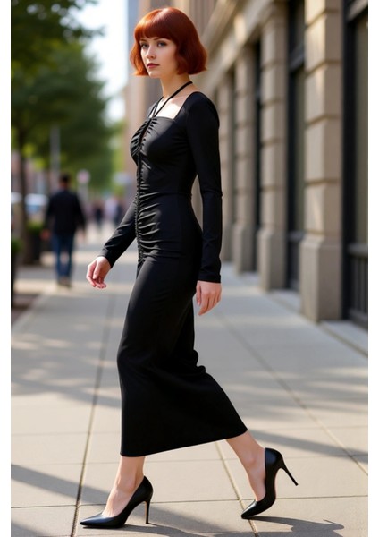 Kadın Bodycon Kesim Uzun Kollu Maxi Abiye Elbise Bağlama Detaylı Kare Yaka Ile Şıklık Sunar