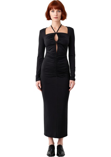 Kadın Bodycon Kesim Uzun Kollu Maxi Abiye Elbise Bağlama Detaylı Kare Yaka Ile Şıklık Sunar modelleri