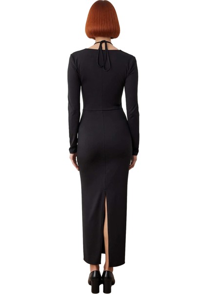 Kadın Bodycon Kesim Uzun Kollu Maxi Abiye Elbise Bağlama Detaylı Kare Yaka Ile Şıklık Sunar fırsatları