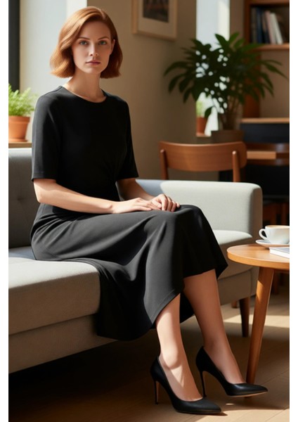 Kadınlar Için A Line Kesim Büzgü Detaylı Siyah Örme Midi Elbise %100 Pamuk Konforu Kaliteli fiyatları