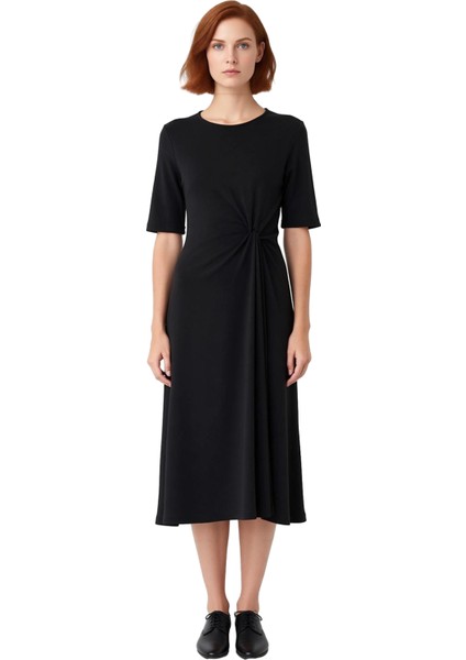 Kadınlar Için A Line Kesim Büzgü Detaylı Siyah Örme Midi Elbise %100 Pamuk Konforu Kaliteli modelleri