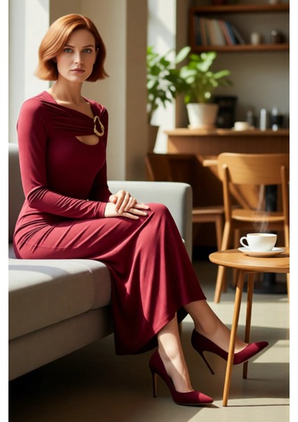 Kadın Bodycon Kesim Aksesuar Detaylı Uzun Kollu Maxi Örme Elbise Şık Gündüz Gece Kombinler Için. fiyatları