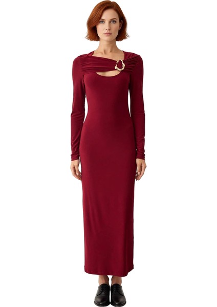 Kadın Bodycon Kesim Aksesuar Detaylı Uzun Kollu Maxi Örme Elbise Şık Gündüz Gece Kombinler Için. modelleri