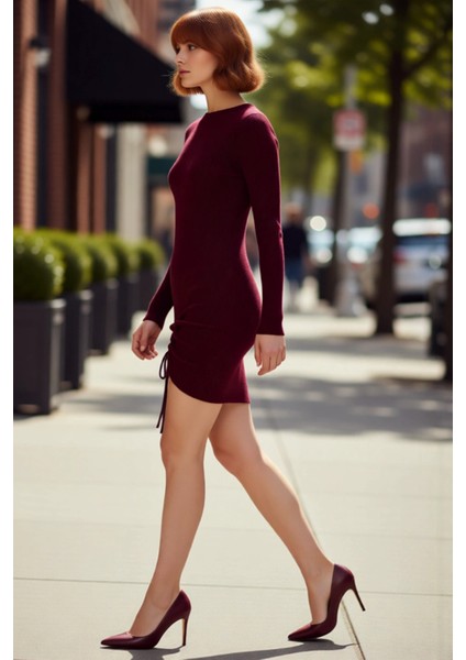 Kadınlar Için Akrilik Bisiklet Yaka Bodycon Kesim Mini Elbise Büzgülü Tasarım Şıklığı Kaliteli modelleri