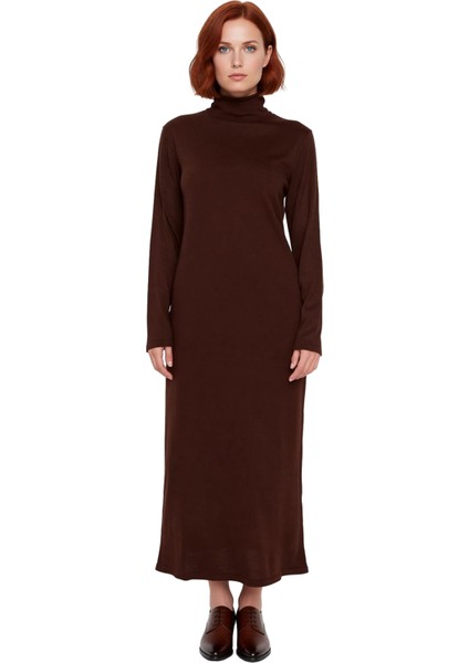 Kadın Dik Yaka Triko Maxi Elbise A Kesim Uzun Kollu Akrilik Rahat Kışlık Günlük Kombinler Için Ideal