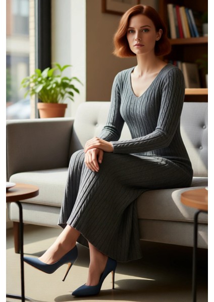 Kadın Uzun Kollu Triko Saç Örgü Desenli V Yaka Maxi Elbise A Line Kesim Kış Günlük Kombinlerde fırsatları