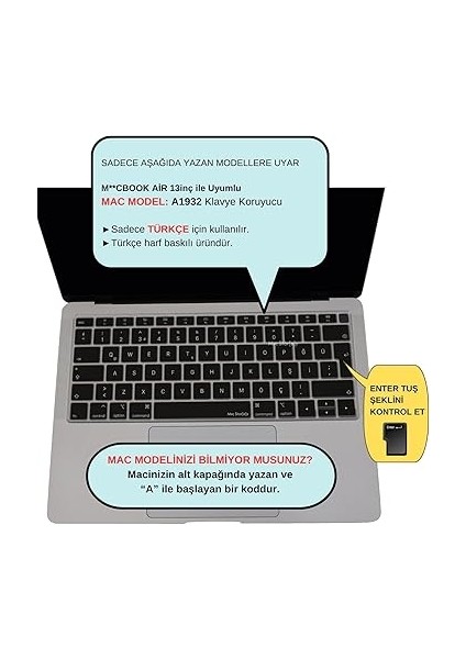 Laptop Macbook Air 13INÇ Klavye Koruyucu (Türkçe Q) Touchıd'li A1932 Modeli ile Uyumlu Siyah fiyatları