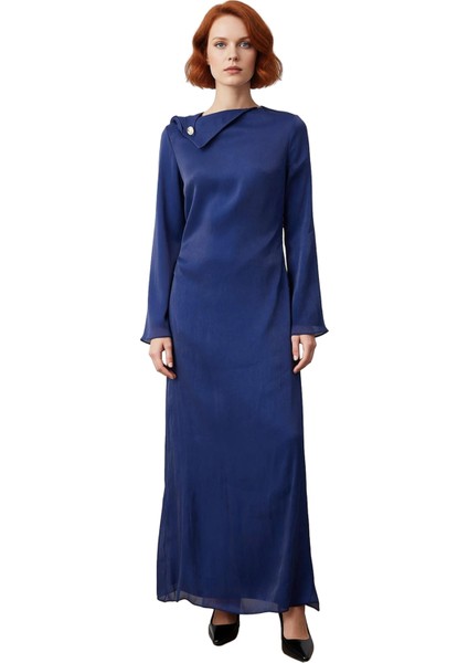 Kadın Tesettür A Line Maxi Elbise Ispanyol Kol Kayık Yaka Düğme Aksesuarlı Dokuma Kumaş Zarafeti