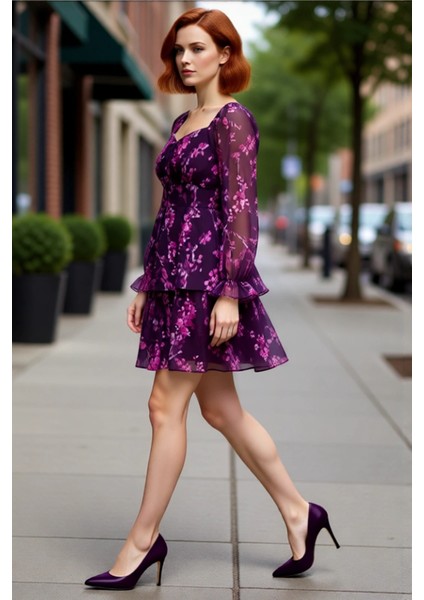 Kadın Çiçek Desenli Kalp Yaka Balon Kol Şifon Mini Elbise Ilkbahar Yaz Şıklığı Için Ideal.