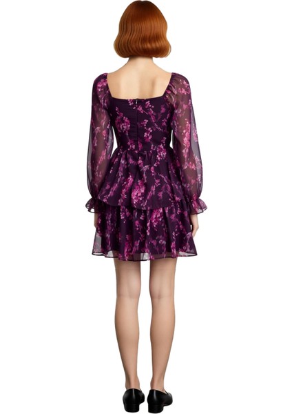 Kadın Çiçek Desenli Kalp Yaka Balon Kol Şifon Mini Elbise Ilkbahar Yaz Şıklığı Için Ideal. fırsatları