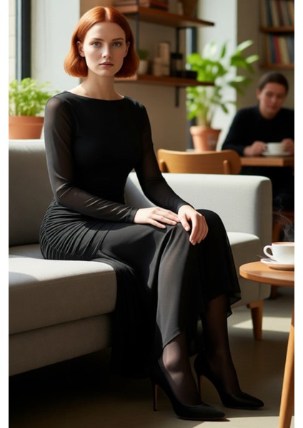 Kadın Astarlı Büzgülü Tül Örme Balık Maxi Elbise Kayık Yaka Standart Kol Şık Kokteyl Kaliteli