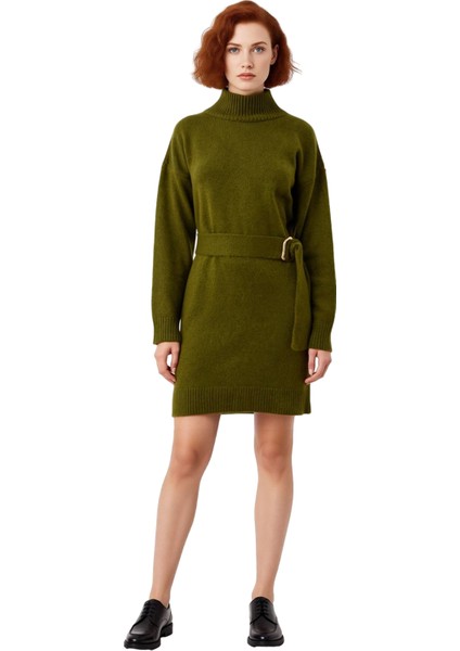 Kadın Dik Yaka Kuşak Detaylı Düz Mini Triko Elbise Düşük Kol Rahat Şık Kışlık Günlük Giyim