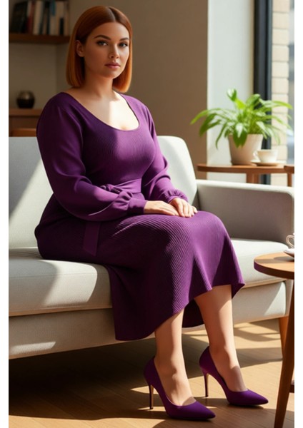 Kadın Triko Bodycon Kalıp Midi Elbise Kare Yaka Balon Kol Detaylı Kuşaklı Şık Tasarım Kaliteli fiyatları