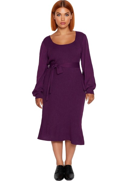 Kadın Triko Bodycon Kalıp Midi Elbise Kare Yaka Balon Kol Detaylı Kuşaklı Şık Tasarım Kaliteli modelleri