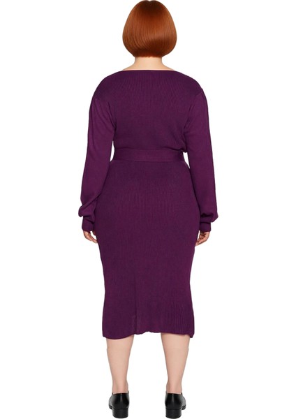 Kadın Triko Bodycon Kalıp Midi Elbise Kare Yaka Balon Kol Detaylı Kuşaklı Şık Tasarım Kaliteli fırsatları