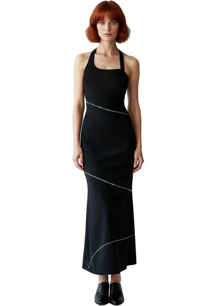 Kadın Zarif Gece Elbisesi Bodycon Kalın Askılı Kolsuz Kare Yaka Taş Detaylı Midi Tasarım Kaliteli fiyatları