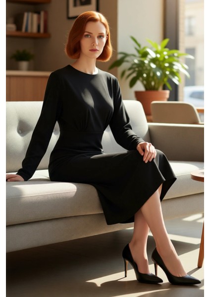 Kadın Siyah Düz Desenli Vatkalı Yarasa Kol Midi Örme Elbise Şık ve Modern Kış Kombinleri Için Ideal fiyatları