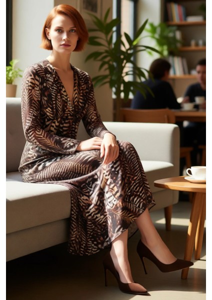 Kadın Kahverengi A Kesim Maxi Şifon Dokuma Elbise V Yaka Uzun Kol Feminine Şık Gündüz Gece fiyatları