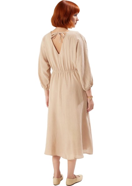 Kadın Ilkbahar Sonbahar Dantel Detaylı Bisiklet Yaka Skater Midi %100 Pamuk Elbise Rahatlık ve fiyatları