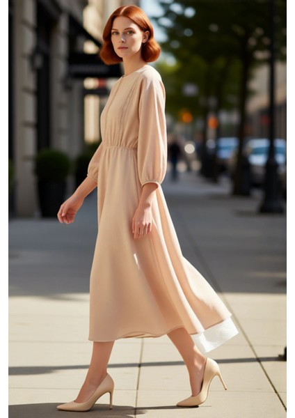 Kadın Ilkbahar Sonbahar Dantel Detaylı Bisiklet Yaka Skater Midi %100 Pamuk Elbise Rahatlık ve modelleri