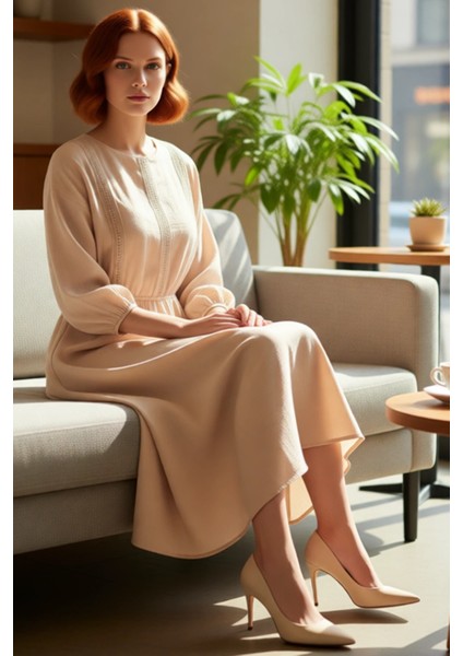 Kadın Ilkbahar Sonbahar Dantel Detaylı Bisiklet Yaka Skater Midi %100 Pamuk Elbise Rahatlık ve fırsatları